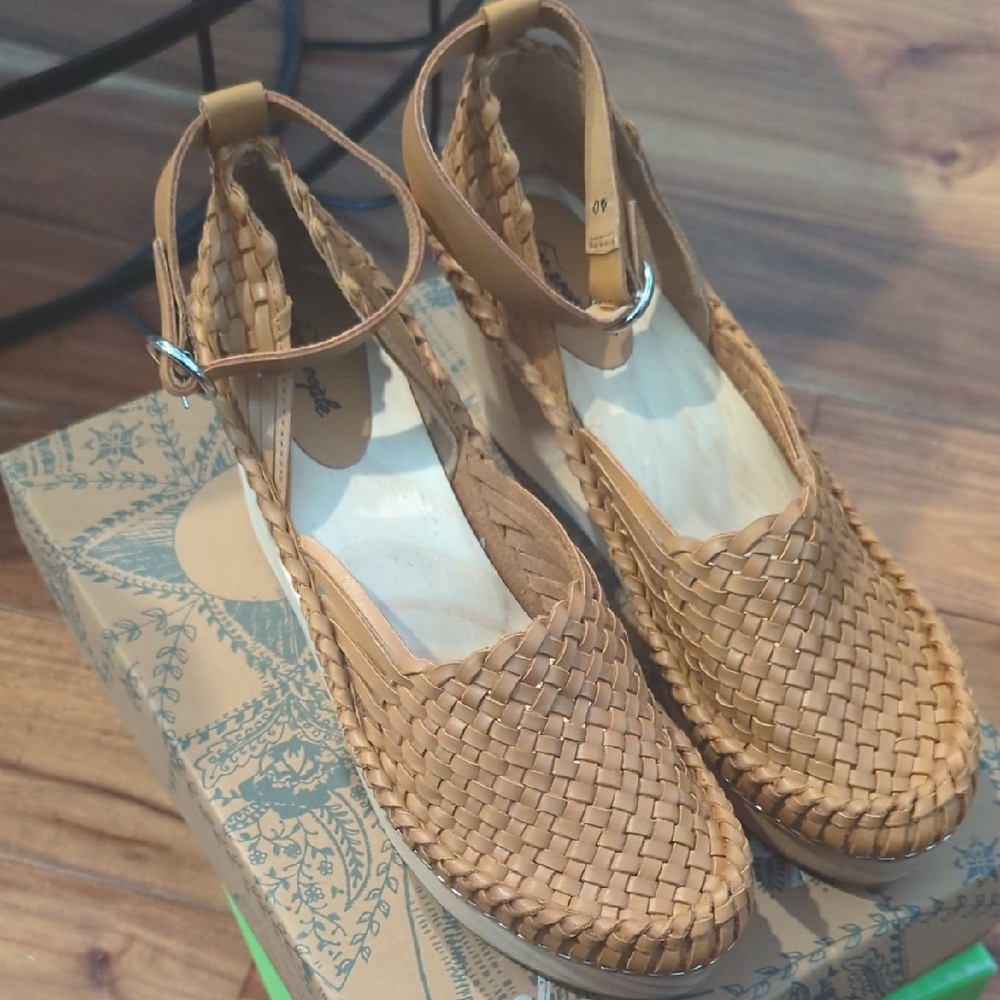 Free People Woven Tan Ankle-Strap Wedges